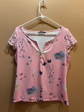 Chicme floral print, V-neck decorative buttons lace trim on the sleeves XL